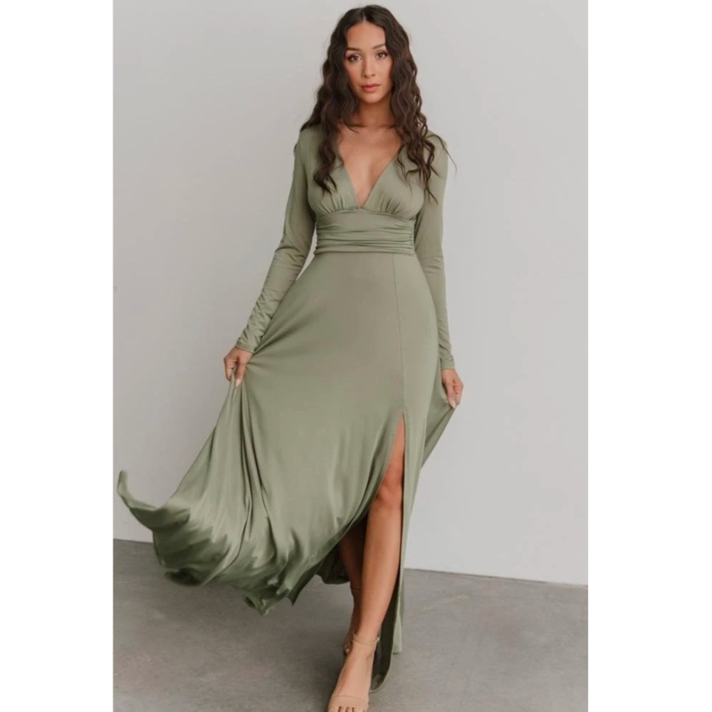 NWT Baltic Born Arianna Maxi Dress Dusty Sage Long Sleeve Flowy Side Slit Dress